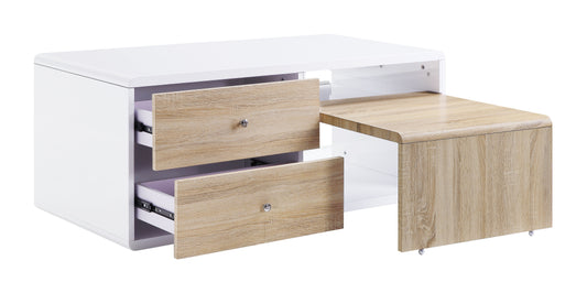 White and oak modern media console with two drawers open on white background