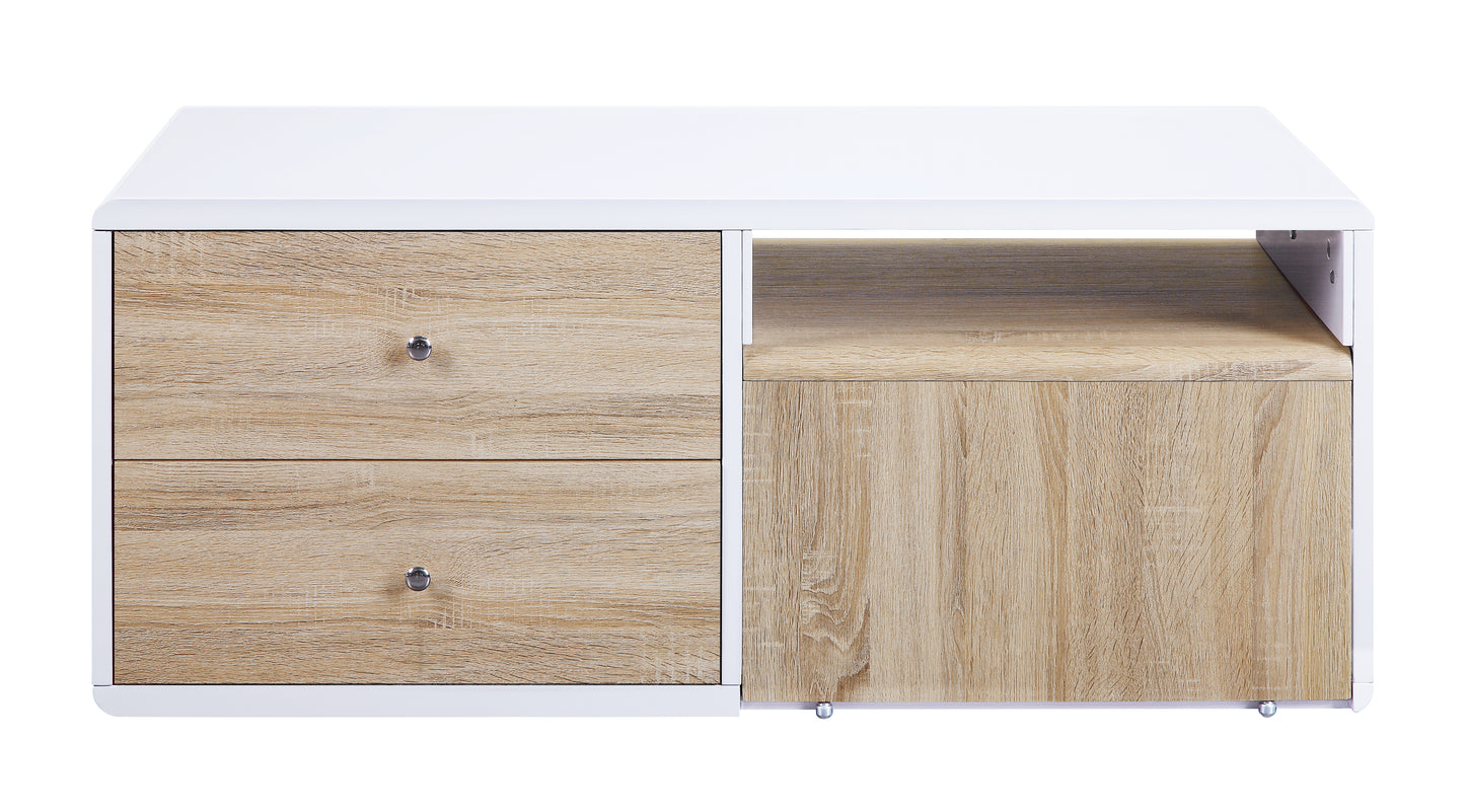 White and oak wood dresser with two drawers and open shelf storage