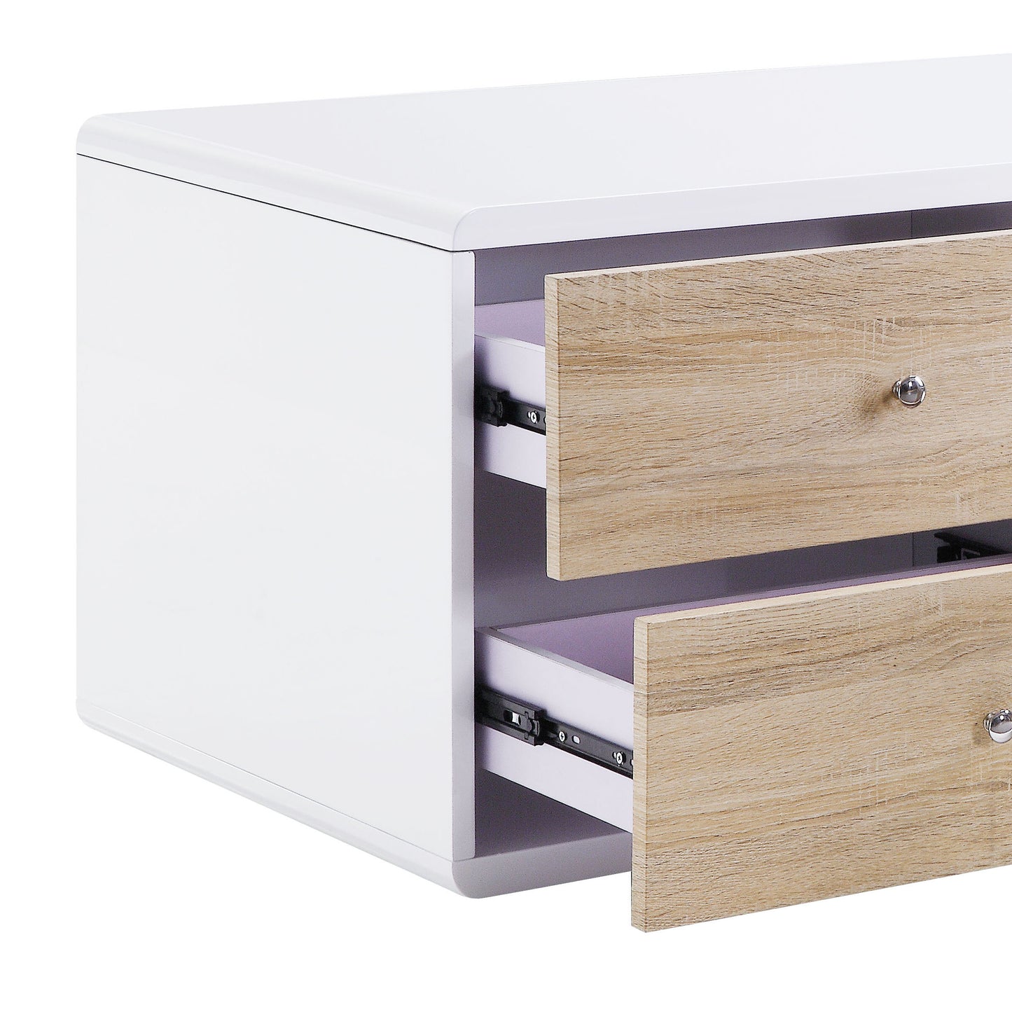 White gloss and oak wood finish dresser with two open drawers and silver knobs