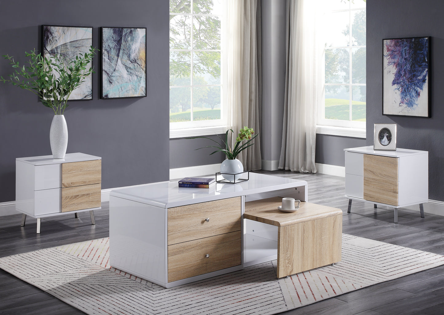 Modern white coffee table with wood grain drawers and pullout ottoman for living rooms
