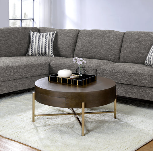 Round wood coffee table with gold metal legs and black tray with gold accents