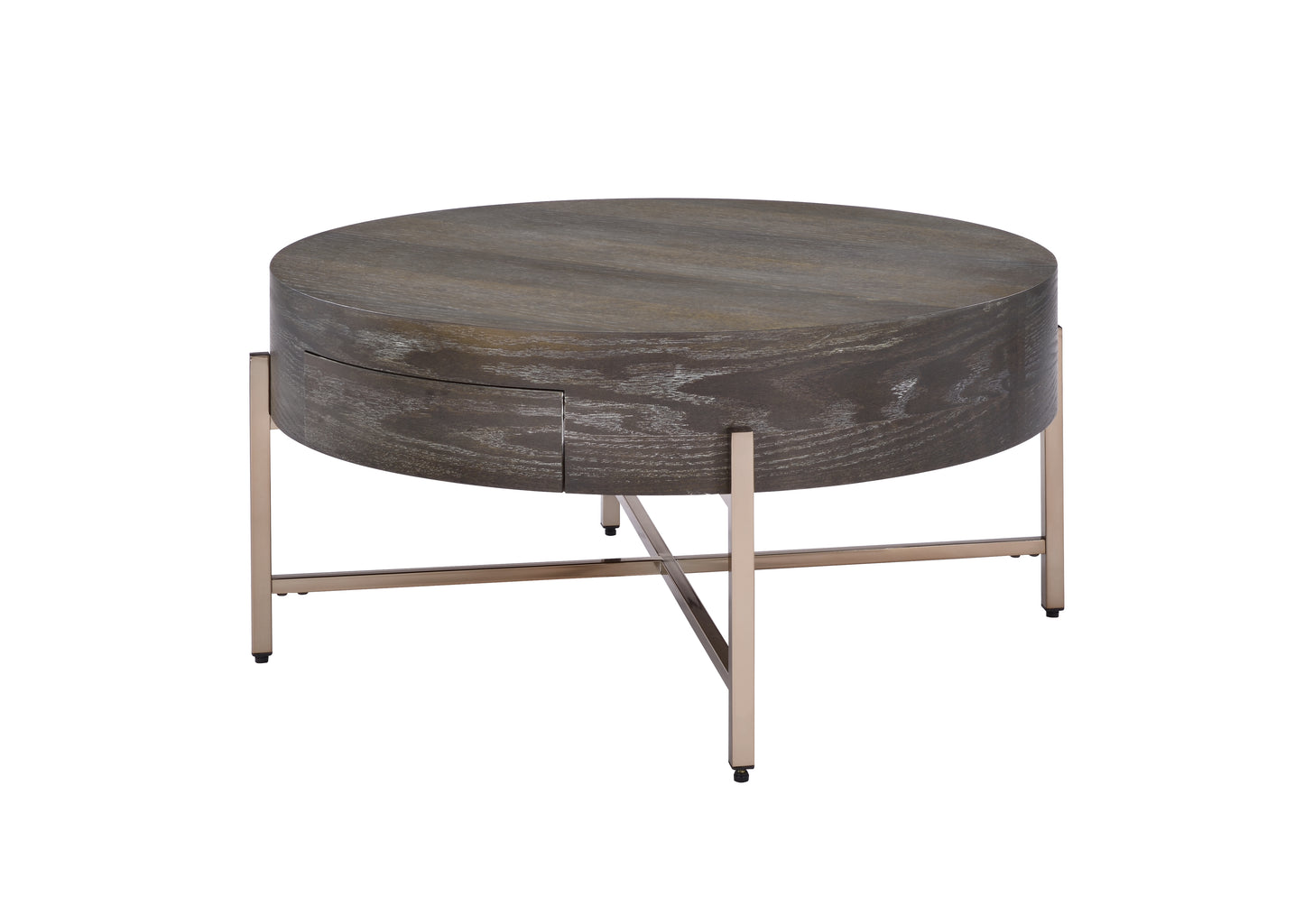 Round dark wood coffee table with brushed gold metal legs featuring a subtle drawer