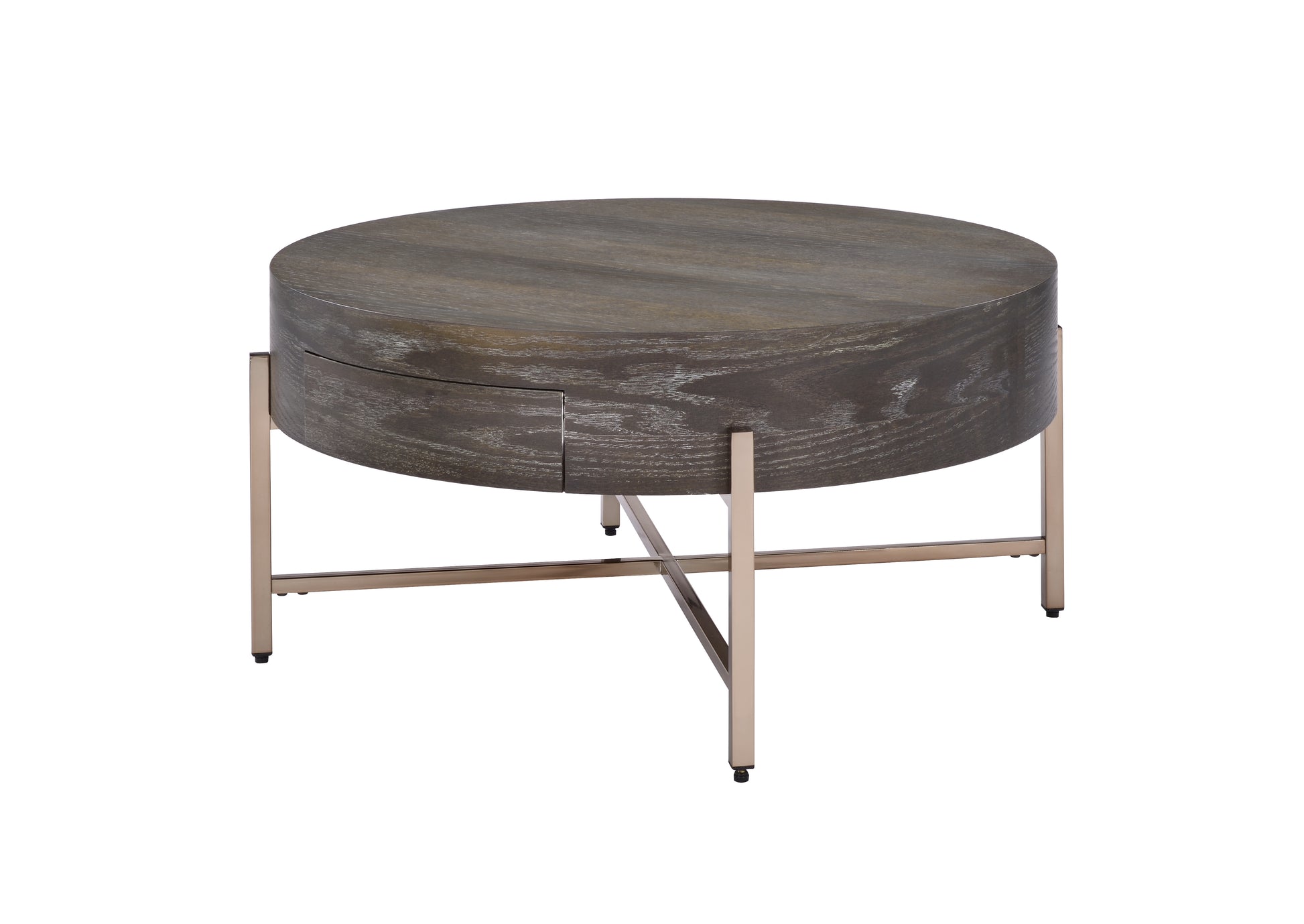 Round dark wood coffee table with brushed gold metal legs featuring a subtle drawer