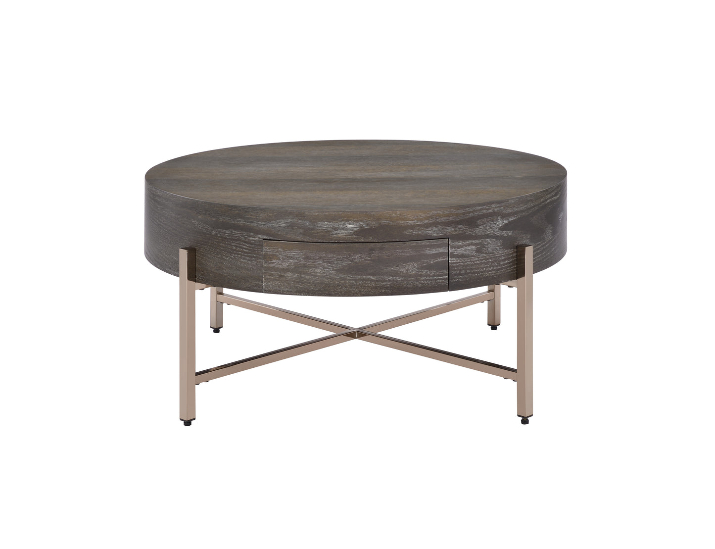 Round grey washed oak coffee table with Xframe brushed brass legs and one drawer