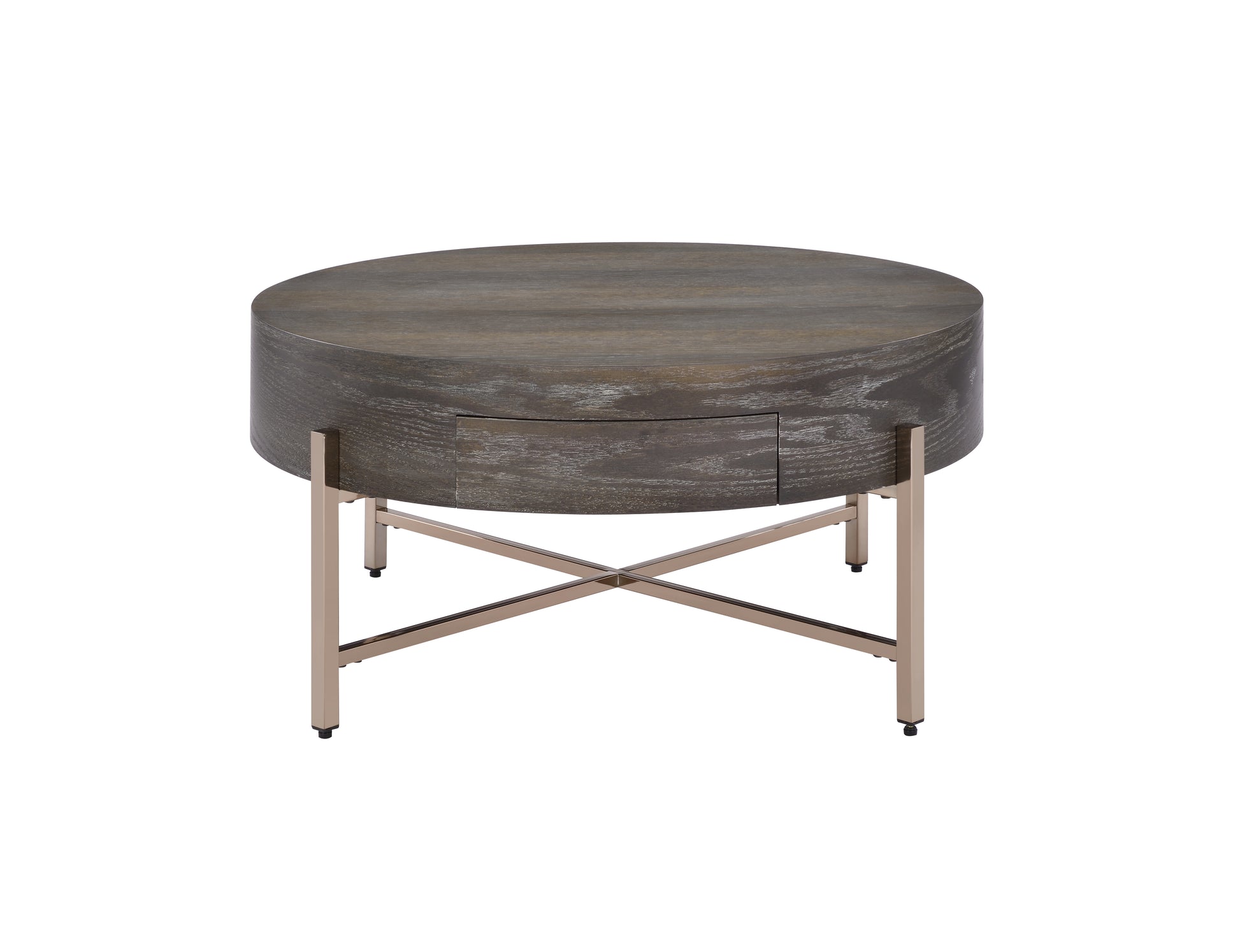 Round grey washed oak coffee table with Xframe brushed brass legs and one drawer