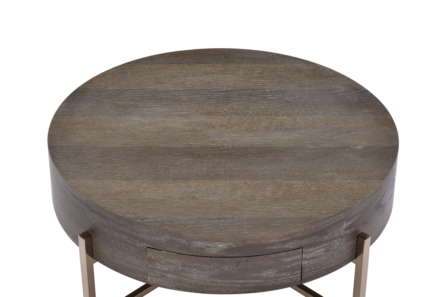 Round gray washed wood end table with single drawer and brushed gold metal legs
