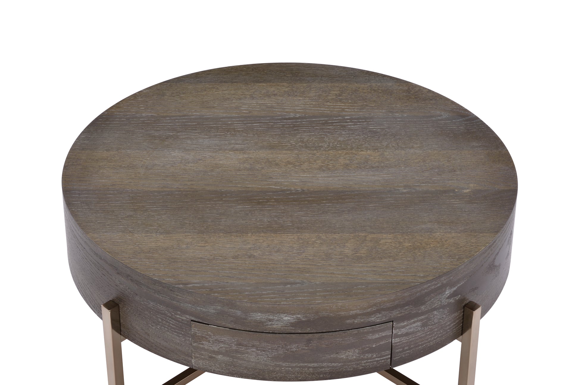 Round gray washed wood end table with single drawer and brushed gold metal legs