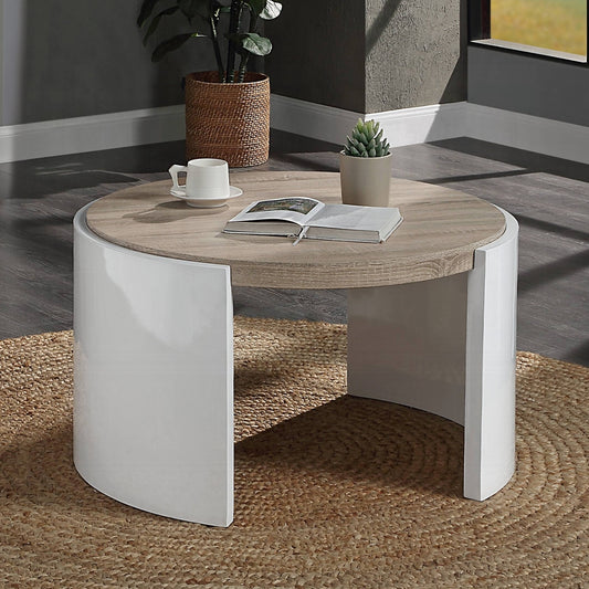 Modern round coffee table with white highgloss base and woodgrain top