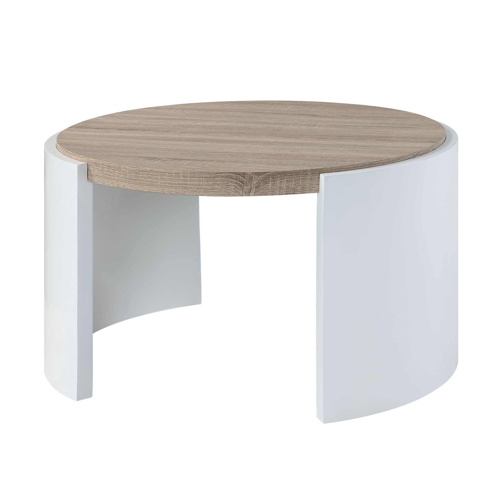 Modern round coffee table with oakeffect top and white curved base
