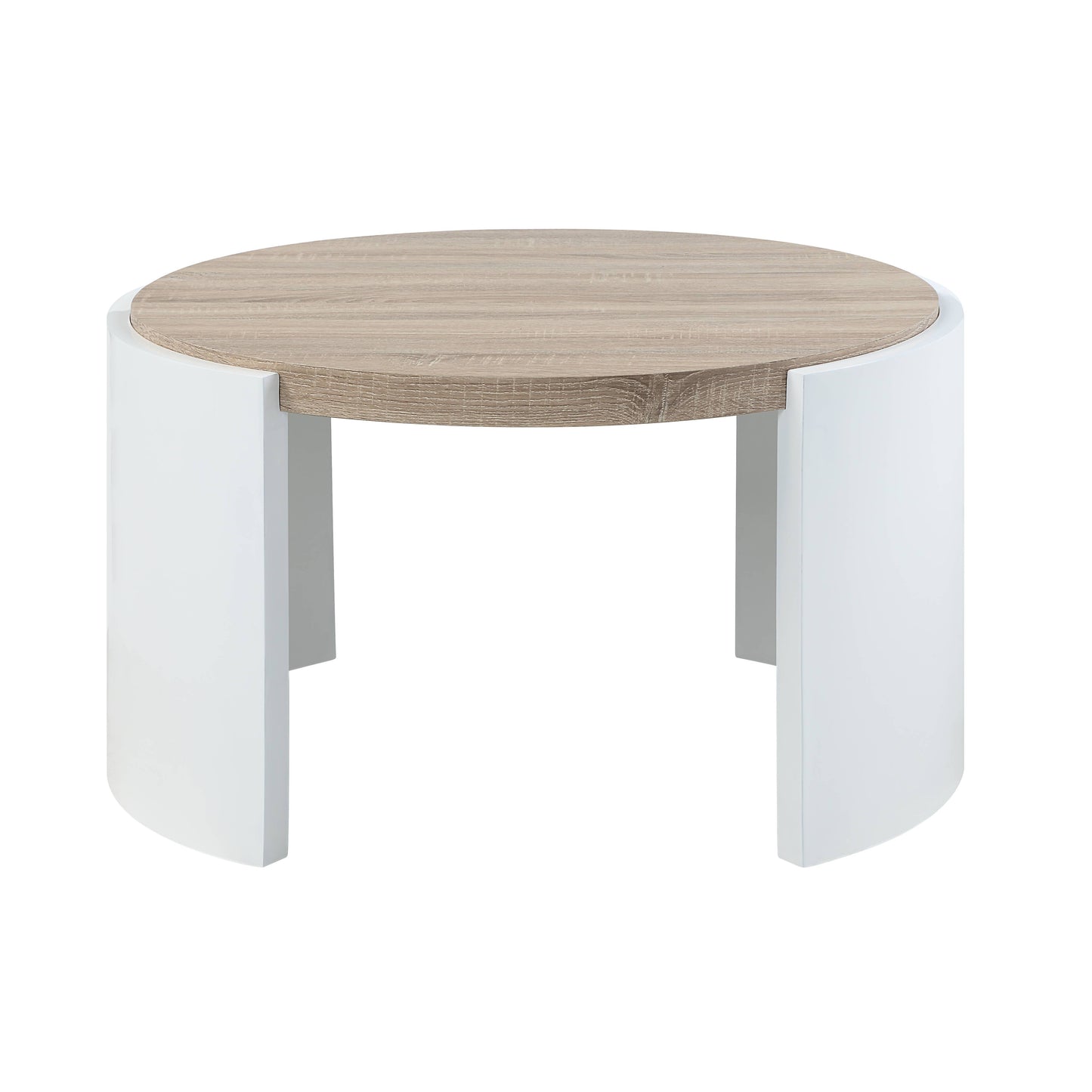 Modern round coffee table with natural wood veneer top and white curved base