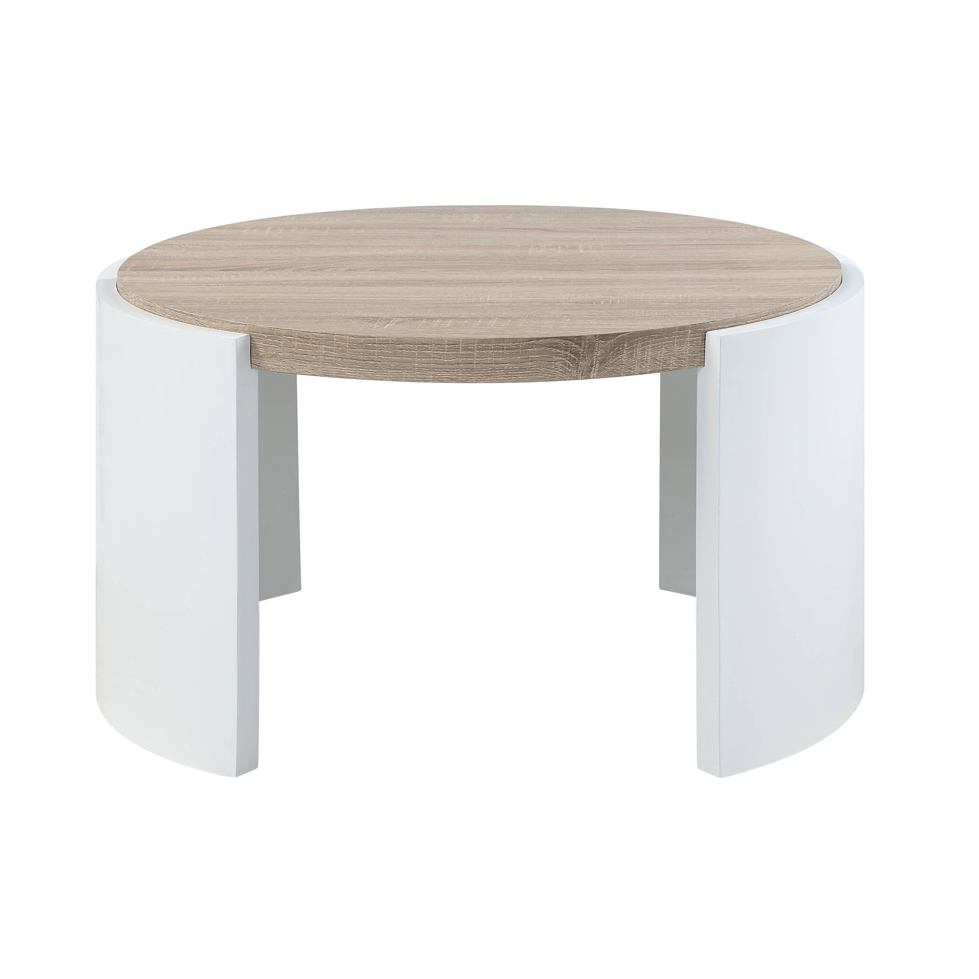 Modern round coffee table with natural wood veneer top and white curved base