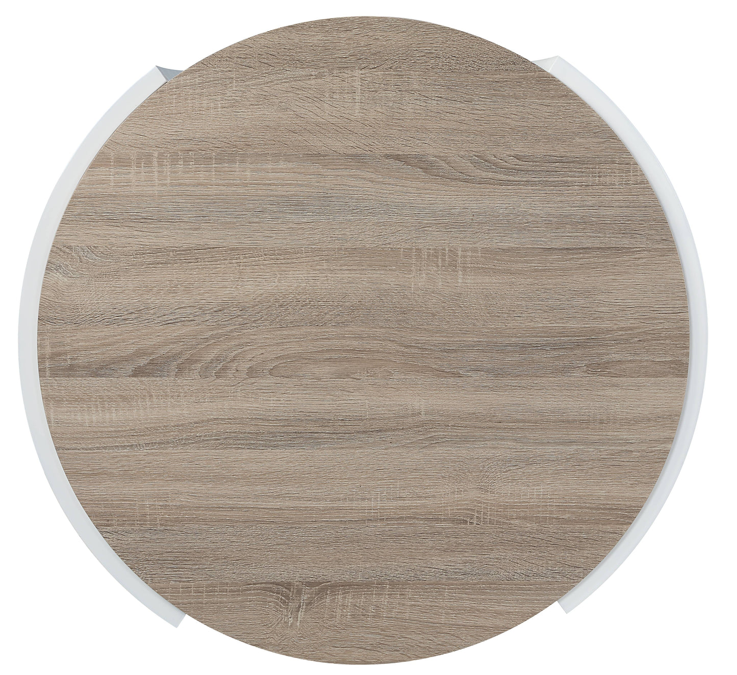 Round end table with light oak wood grain and white trim