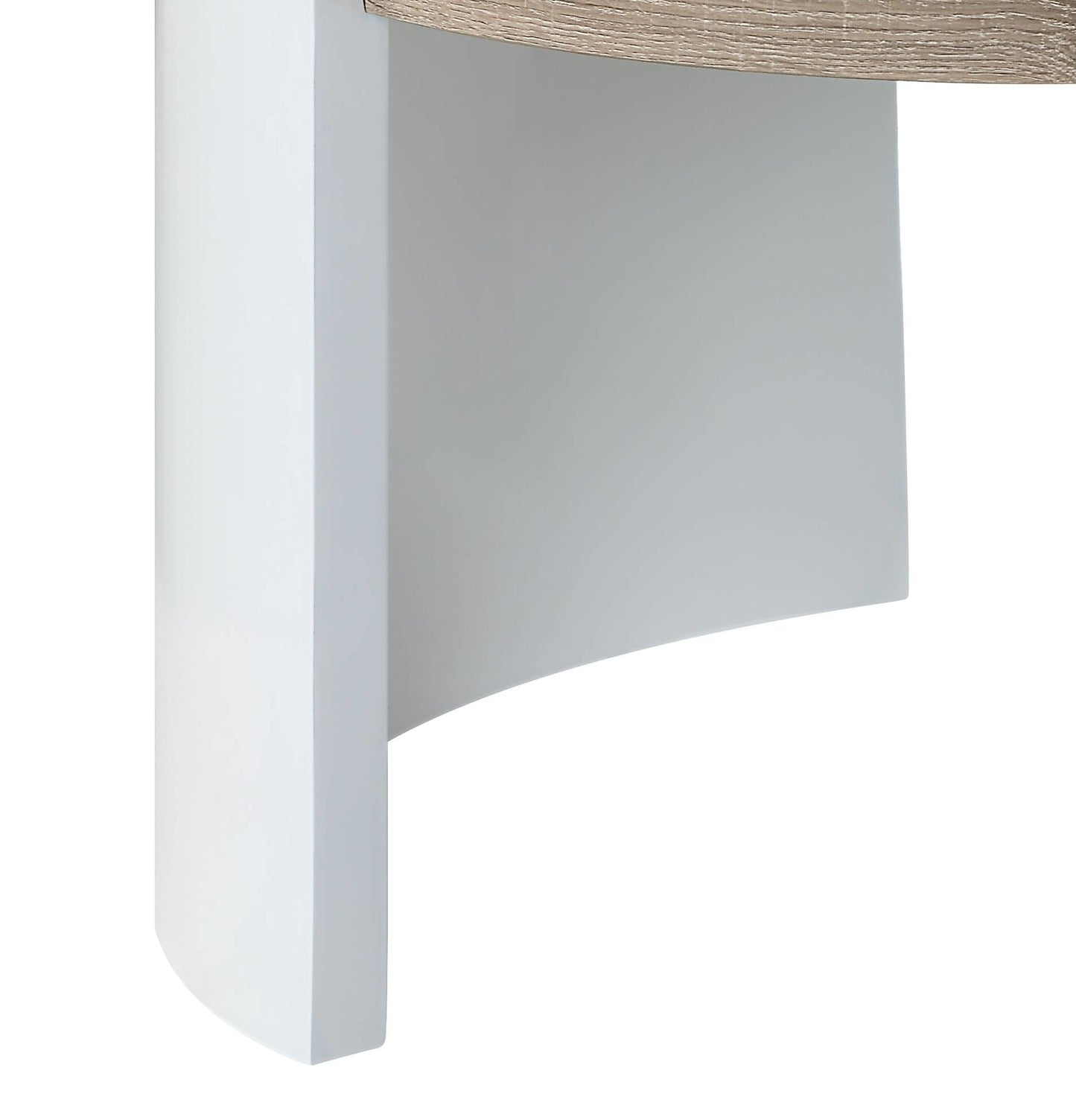 Closeup of a white curved table leg with a textured wood grain tabletop edge