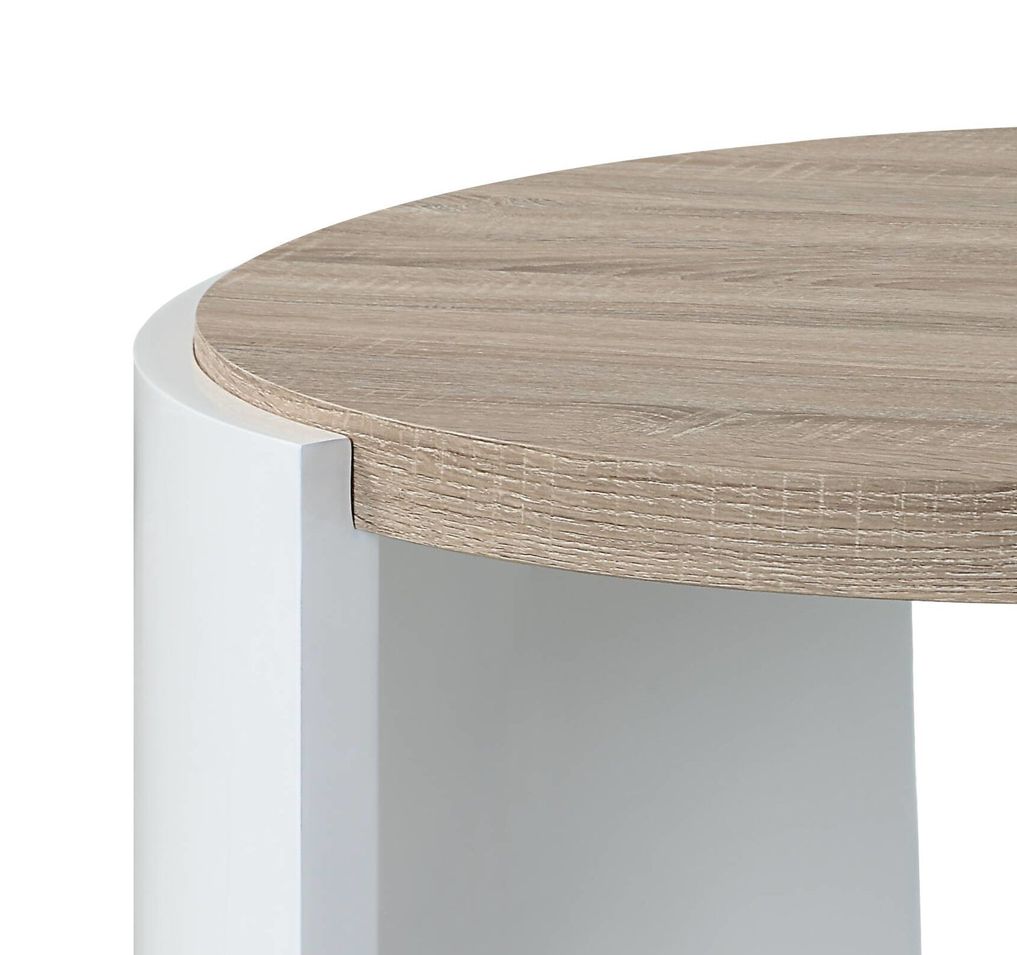 Round wood grain coffee table with a smooth white base