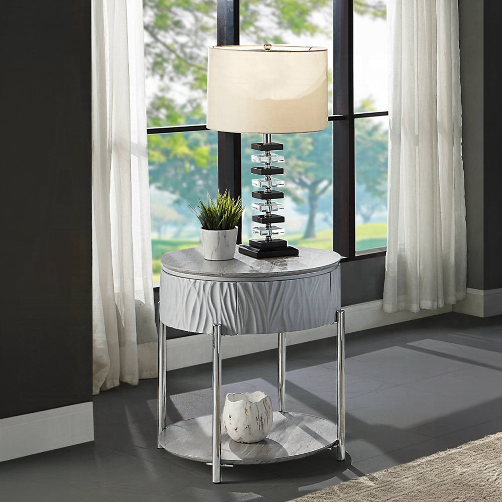 Modern crystal table lamp with stacked blocks and offwhite shade