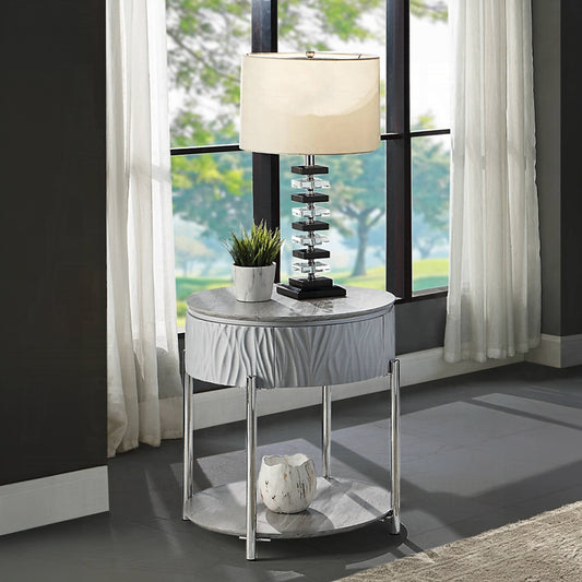 Modern crystal table lamp with stacked blocks and offwhite shade