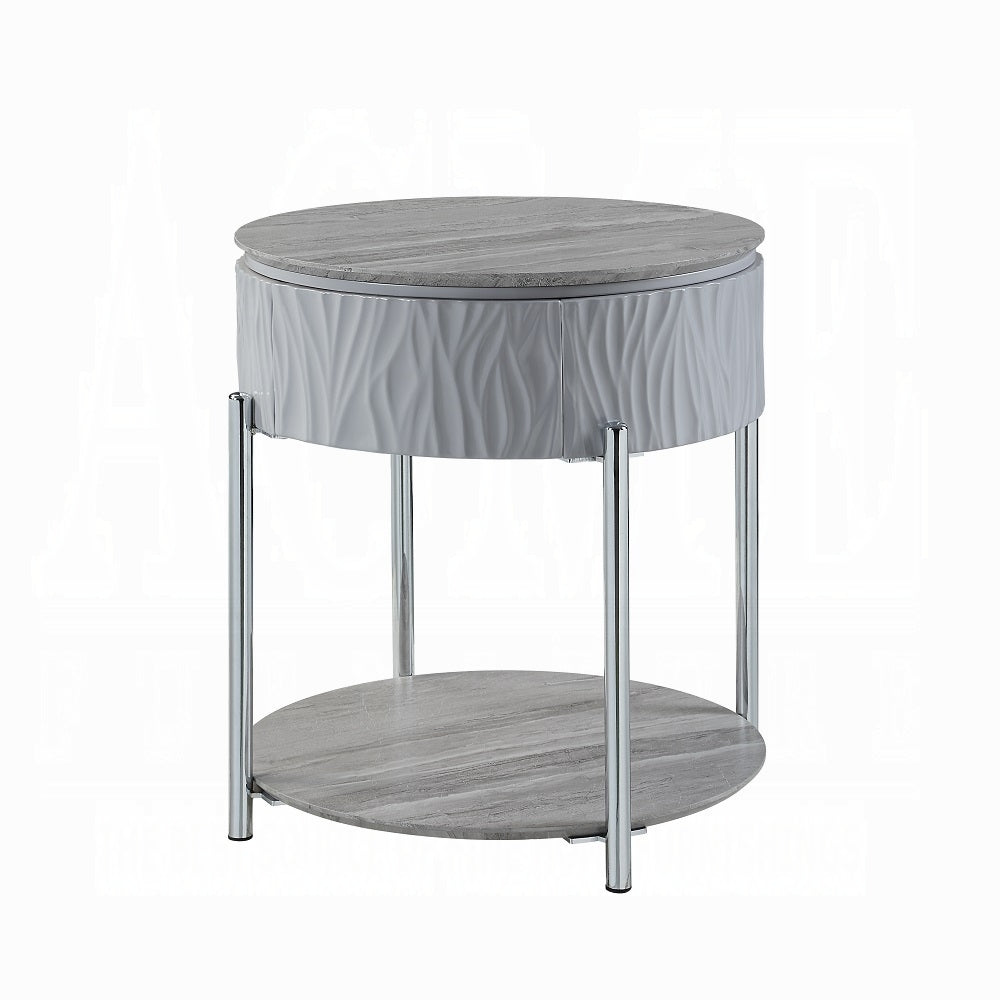 Round gray marble top accent table with textured white body and chrome legs
