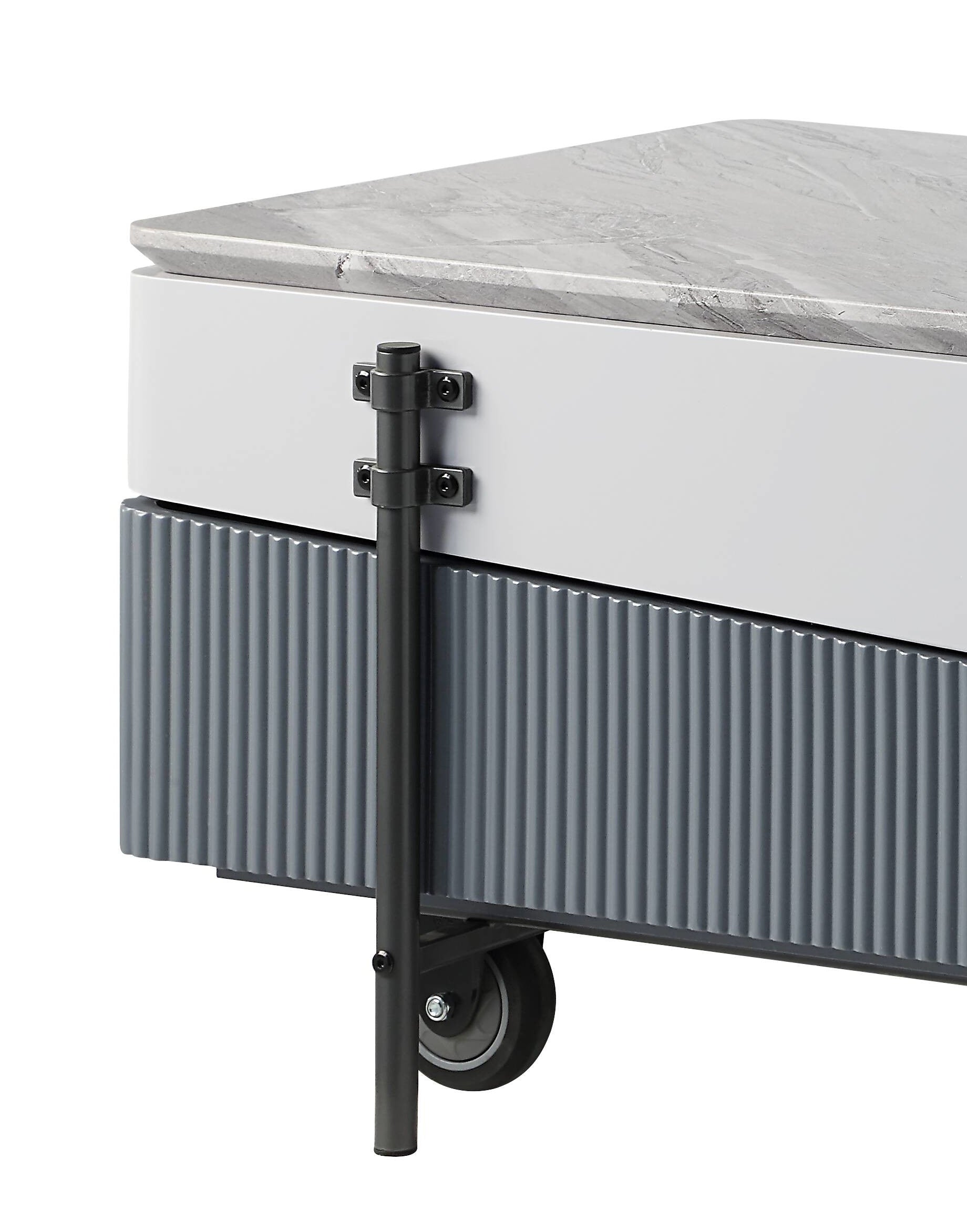 Gray ribbed cabinet with white drawer front and faux marble top on metal legs with wheels