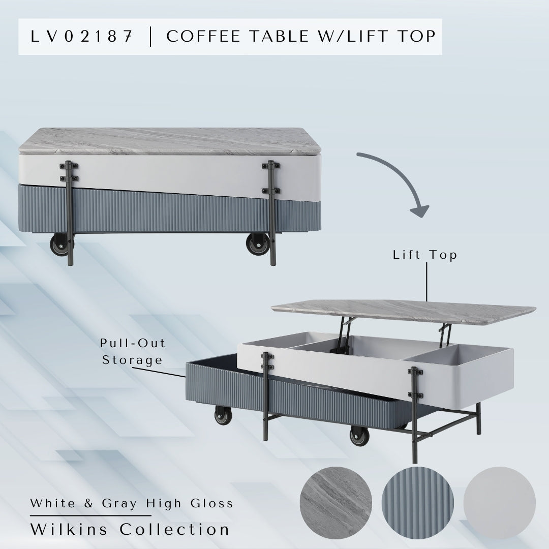 White and gray lift top coffee table with pullout storage and wheels
