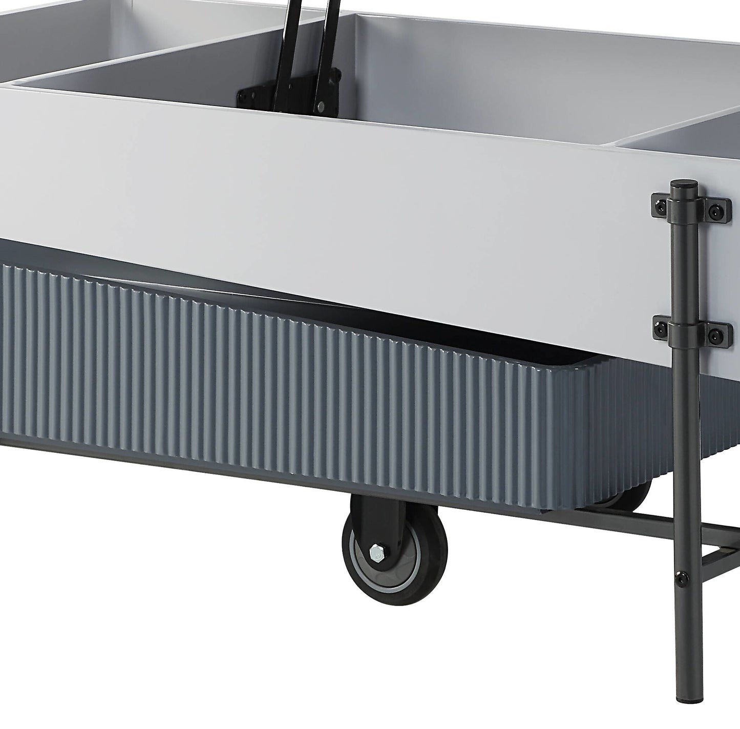 Gray metal rolling cart with ribbed drawer detail and divided compartments