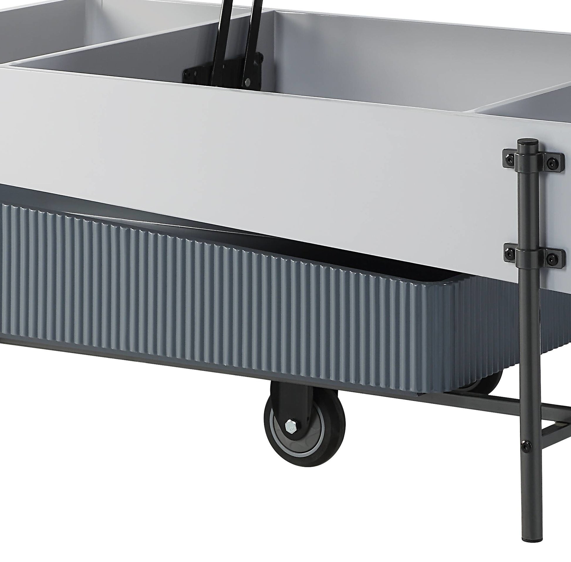 Gray metal rolling cart with ribbed drawer detail and divided compartments