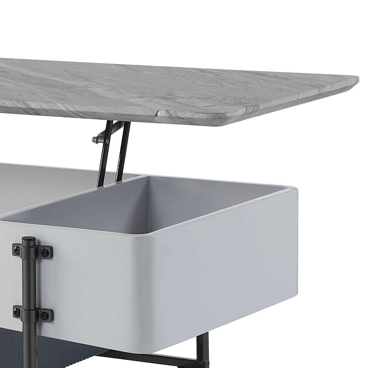 Lifttop coffee table with grey marbleeffect top and hidden storage compartment