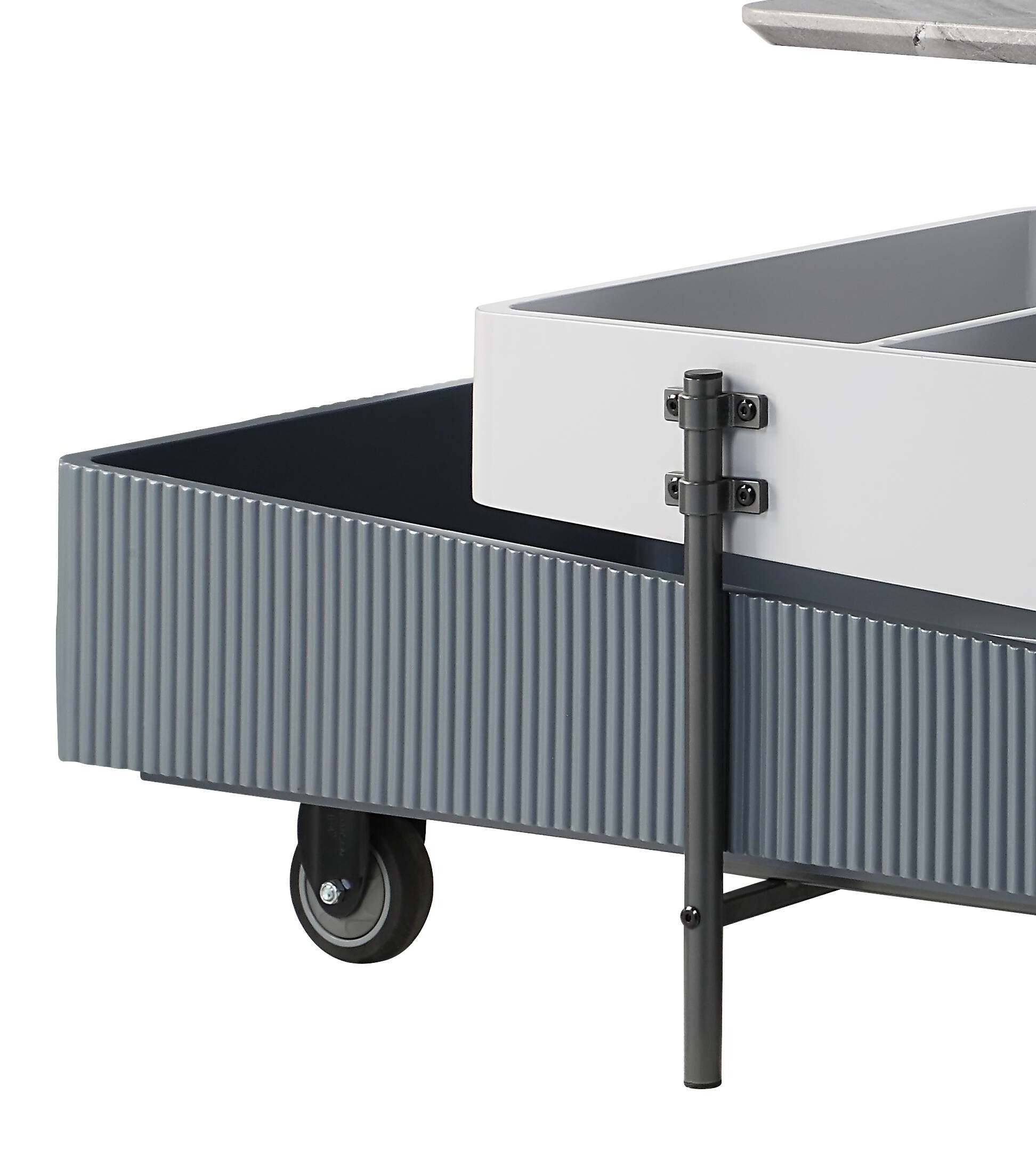 Grey fluted metal rolling bar cart with marble top
