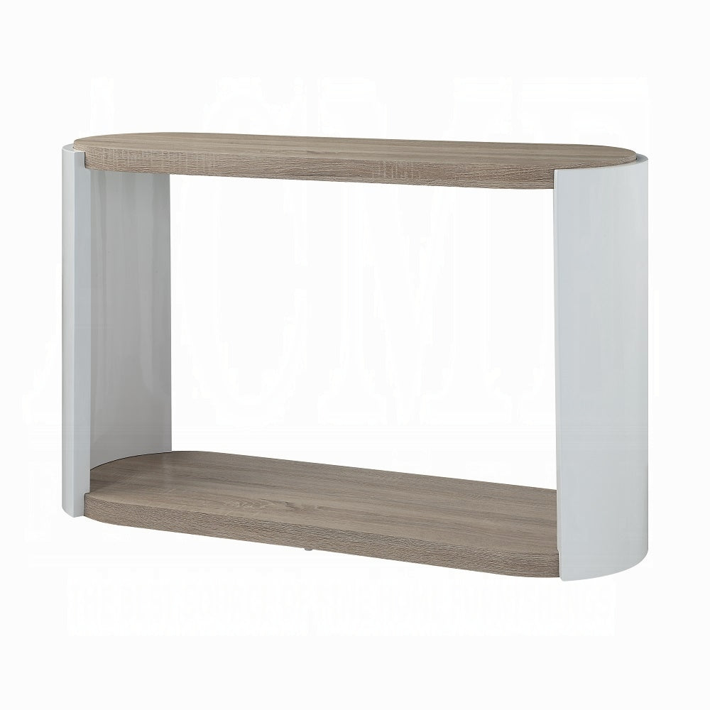 Modern twotier console table with oak wood finish and white curved legs
