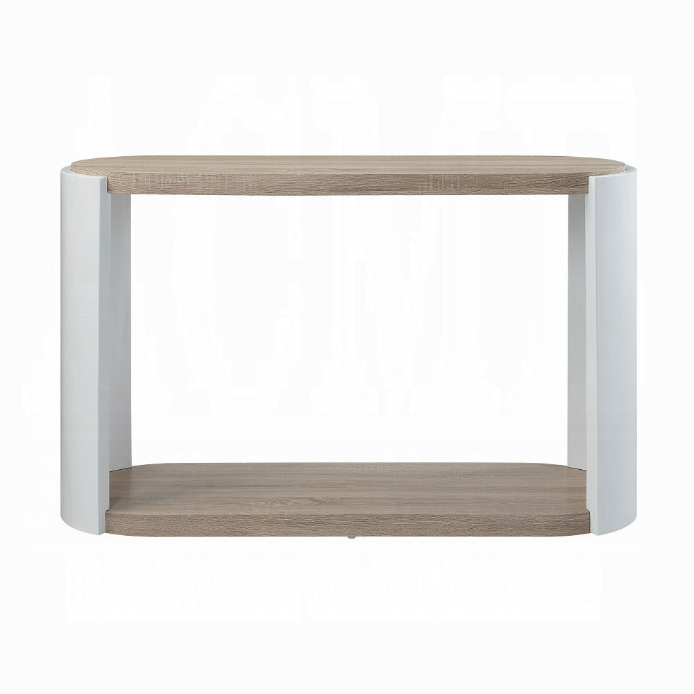 Modern entryway console table with light oak wood shelves and white curved legs