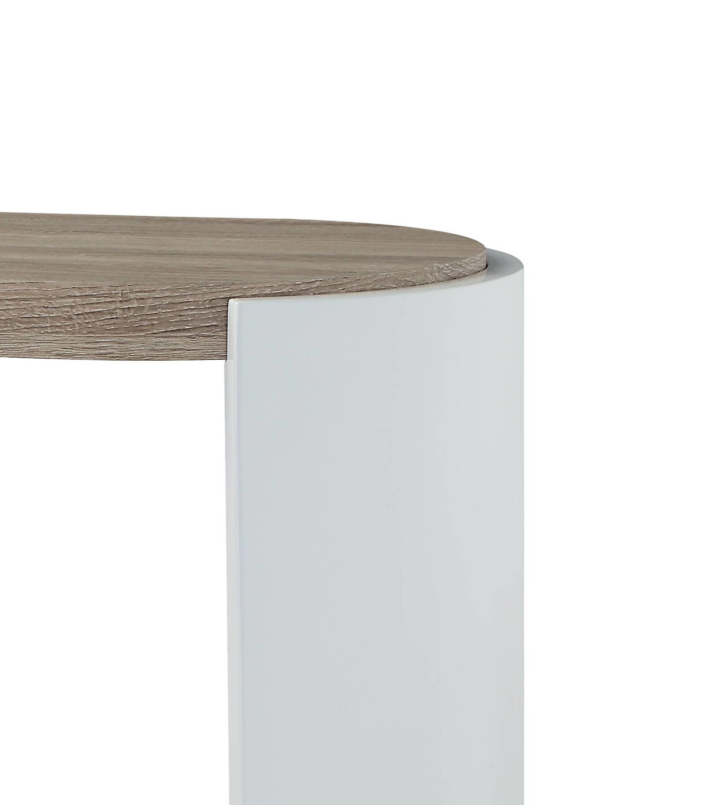 Modern end table with a white base and oak wood top