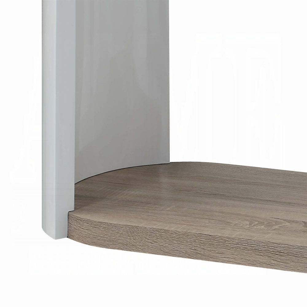 Modern curved shelf in wood grain finish with a sleek white side panel