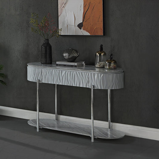 Gray marble top console table with textured drawer front and chrome legs ideal for entryways