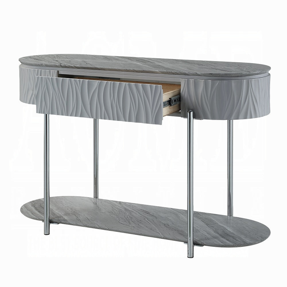 Gray textured drawer console table with marble top and chrome legs