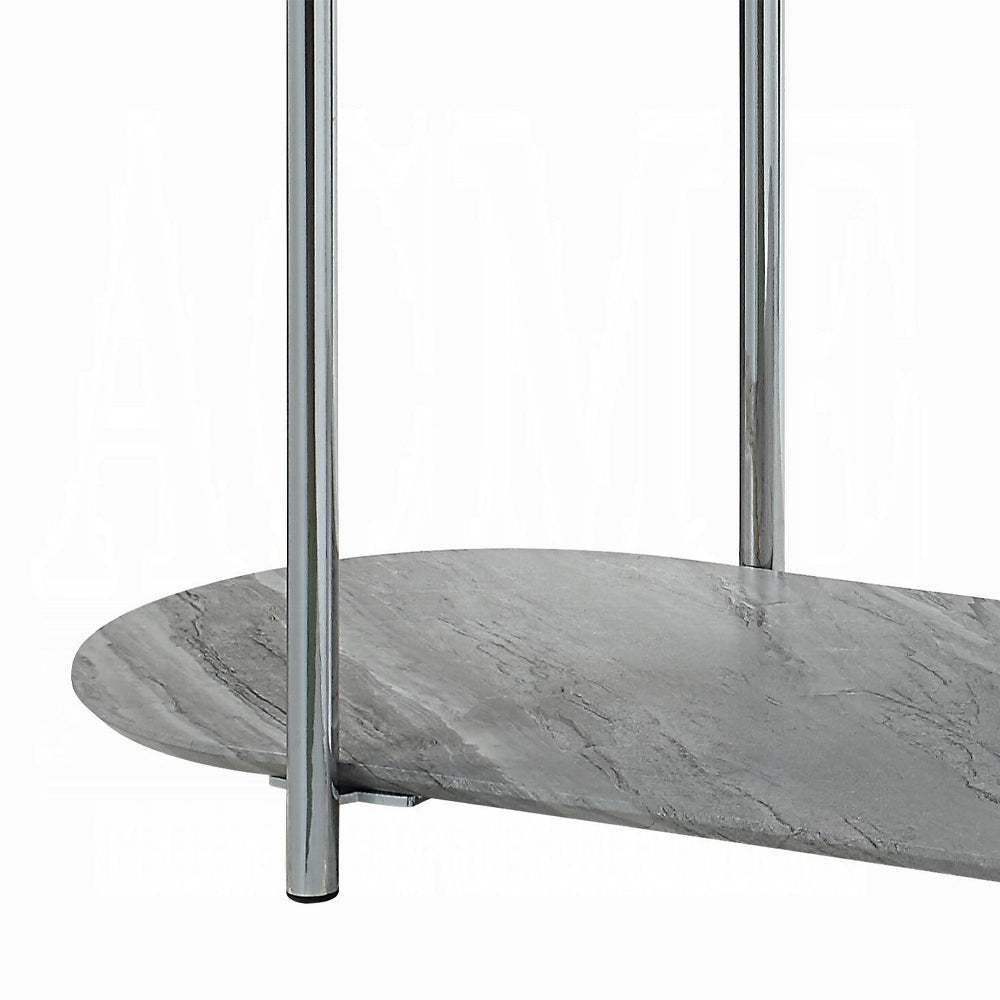 Closeup of oval marble coffee table with chrome legs