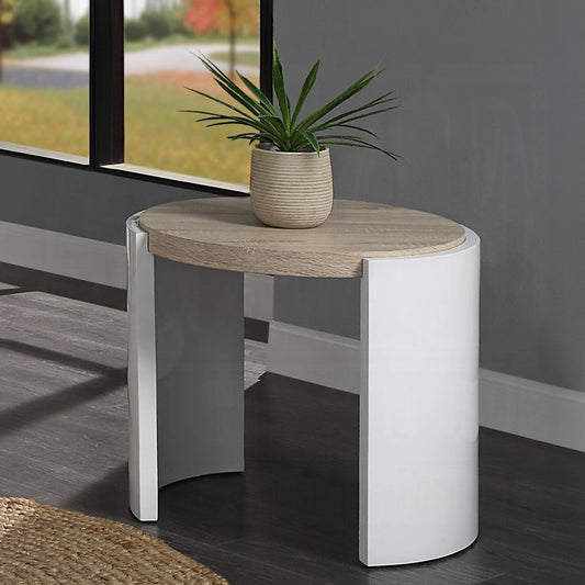 Modern round side table with a white base and oak wood top perfect for living rooms