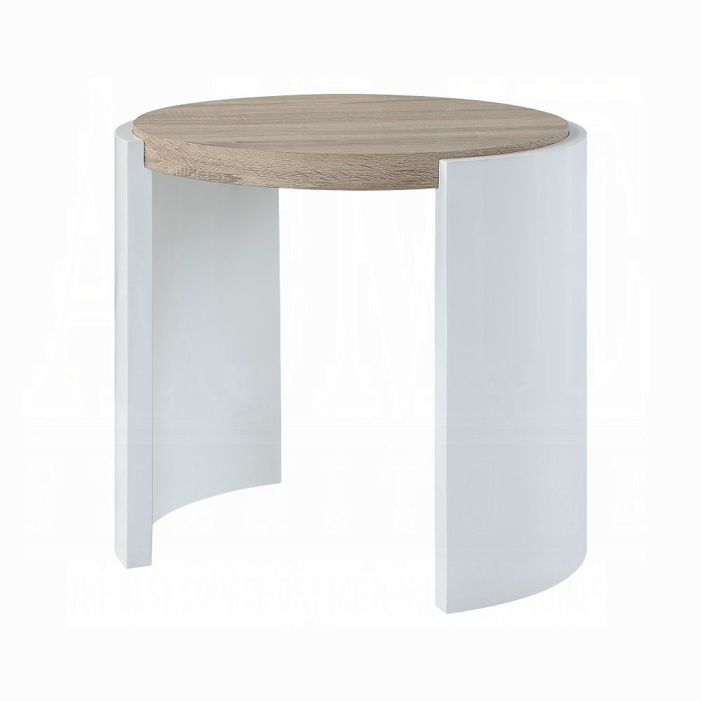Modern round side table with whitewashed wood top and white curved legs