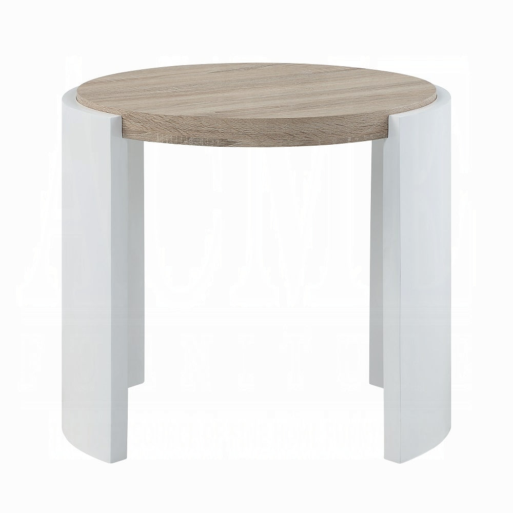 Round oak veneer top accent table with white Ushaped legs