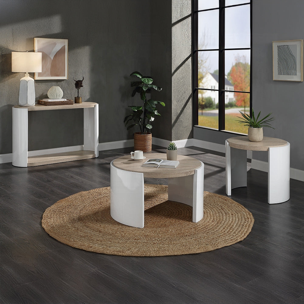 Round coffee table with natural wood top and white curved base modern living room centerpiece