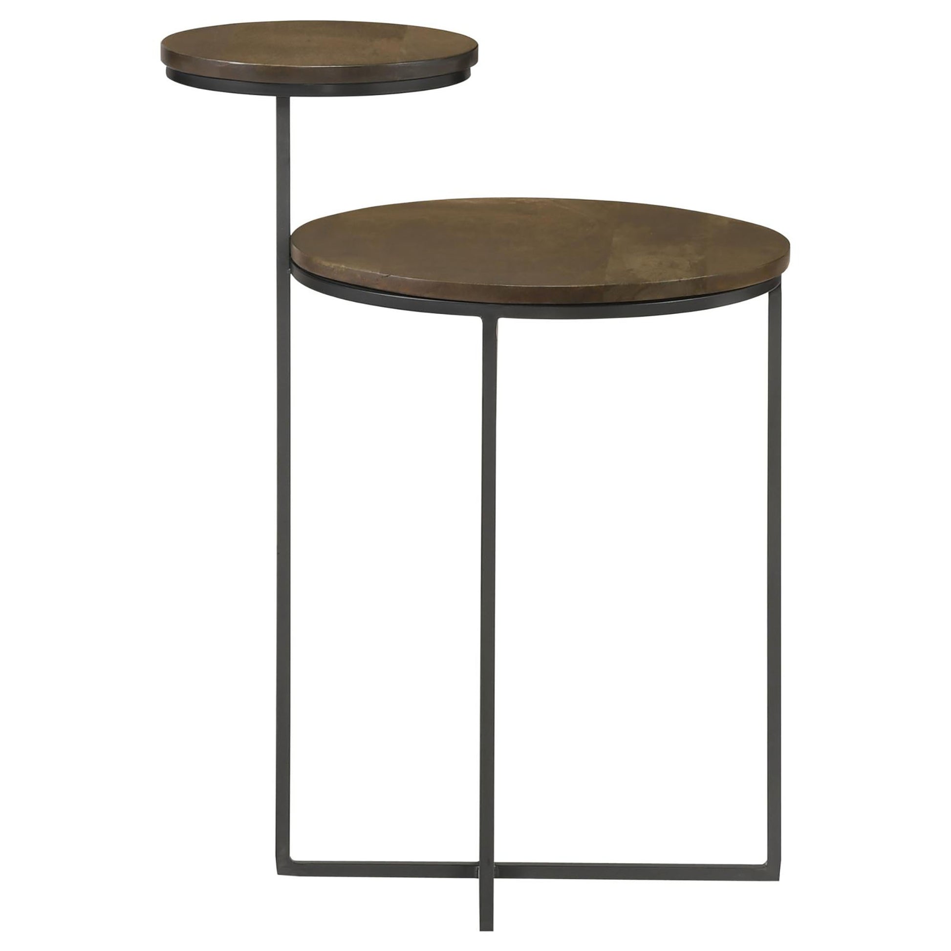 Twotiered round side table with bronzelook tops and black metal frame