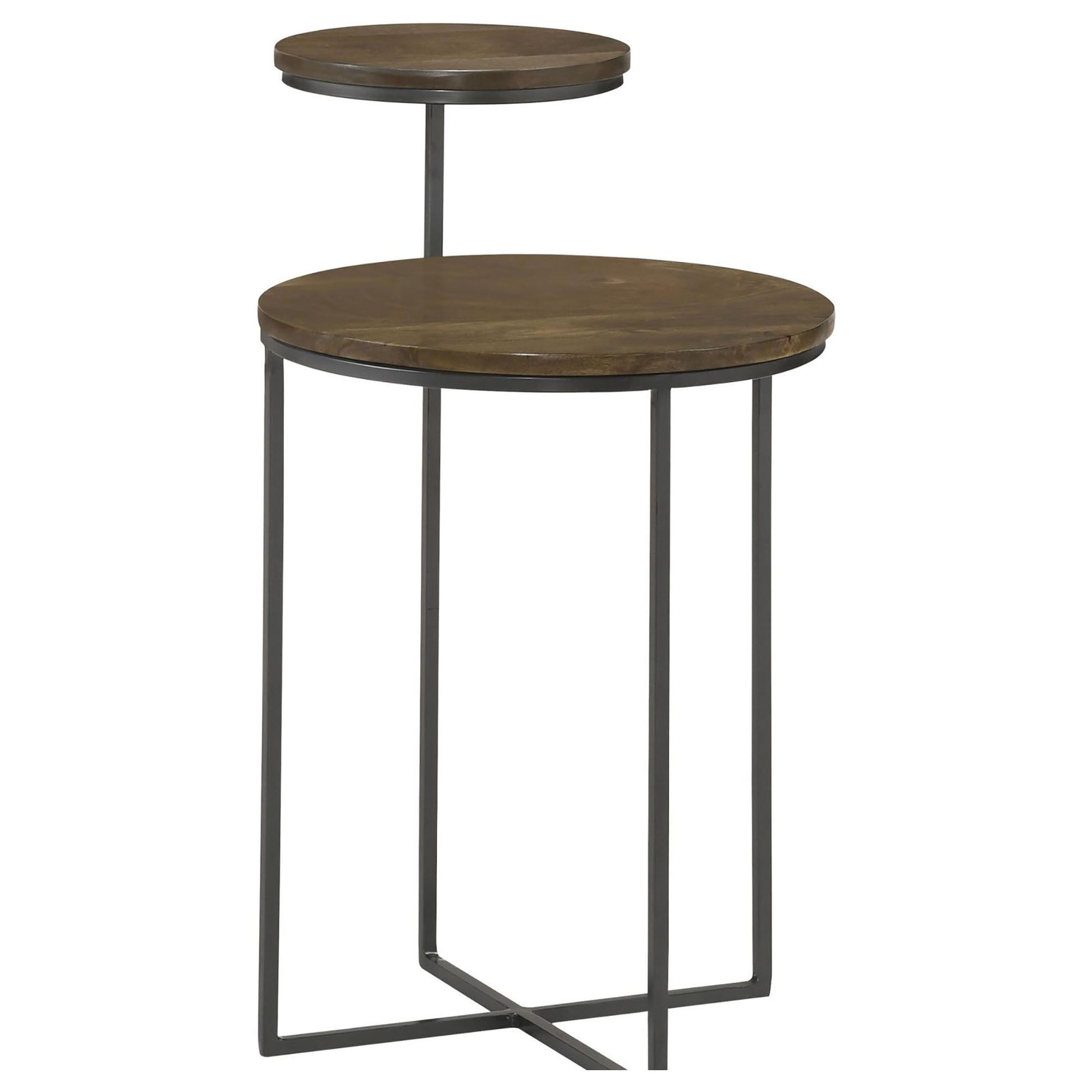 Round tiered accent table with dark wood tops and black metal frame