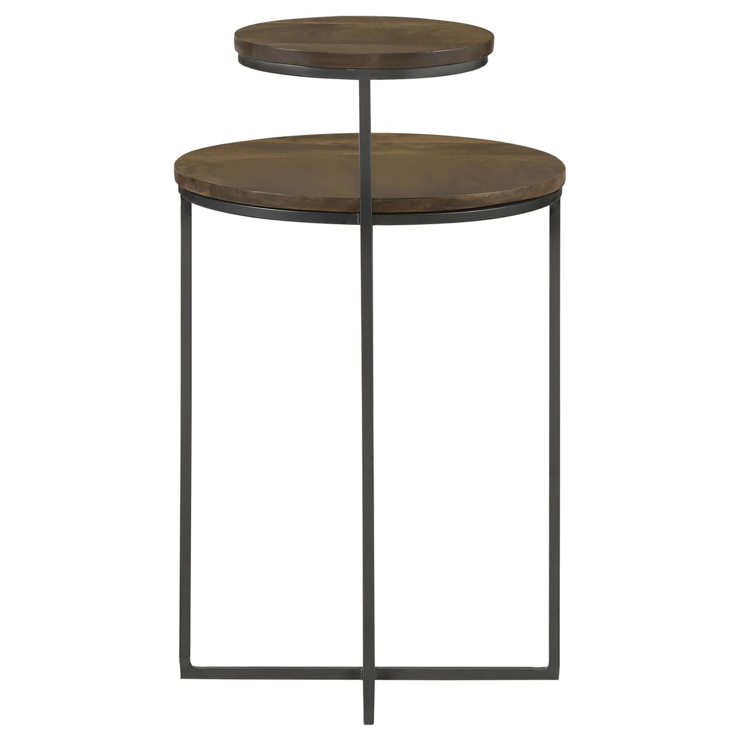 Round tiered side table with dark wood tops and black metal frame