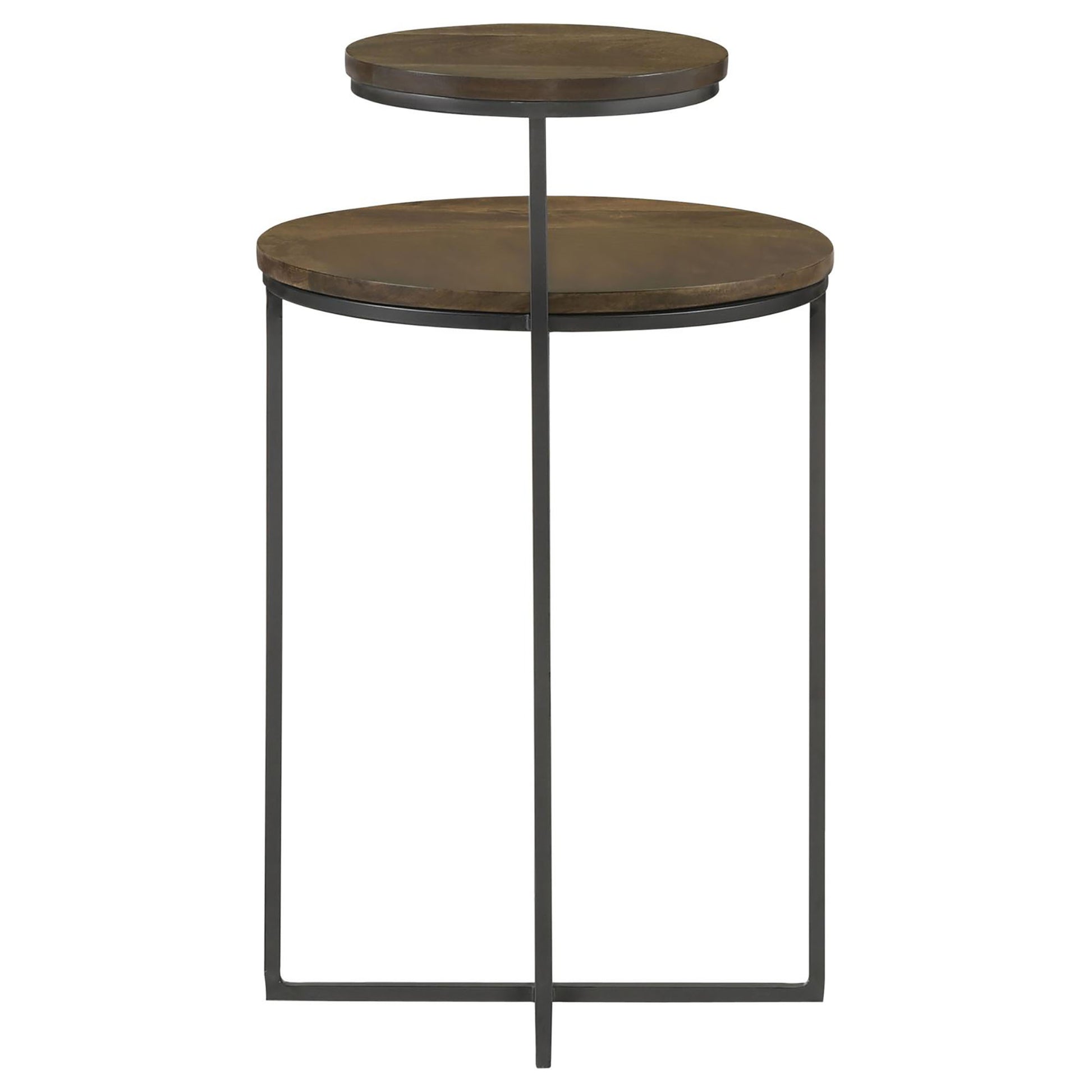 Round tiered side table with dark wood tops and black metal frame