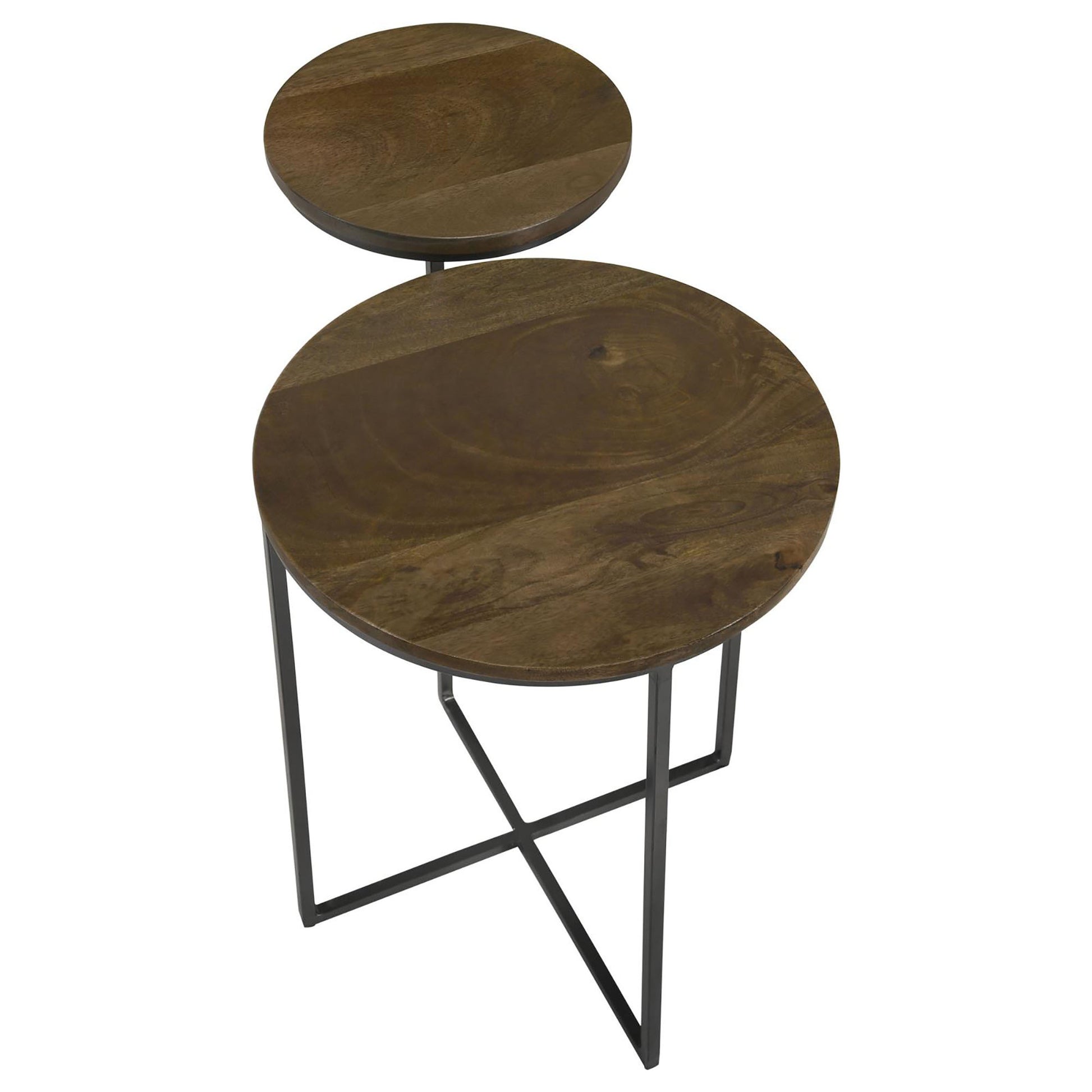 Round wooden nesting side table with dark natural finish and black metal base