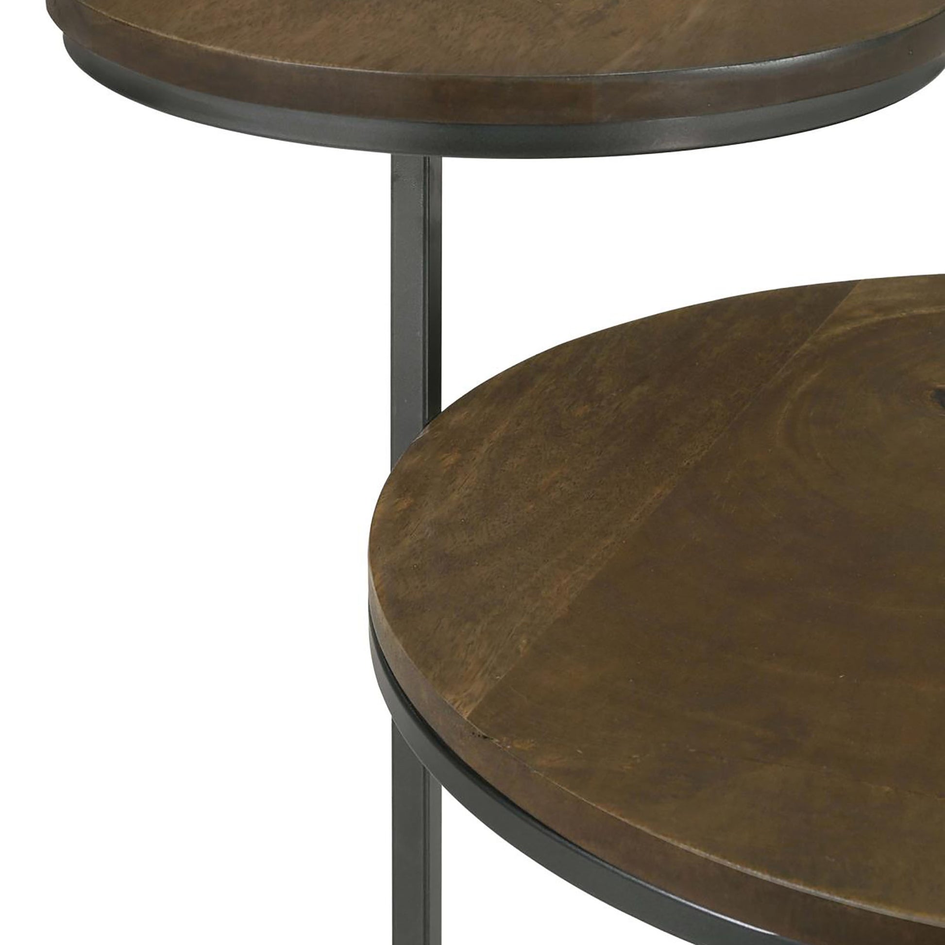 Round nesting side table with dark wood top and black metal frame