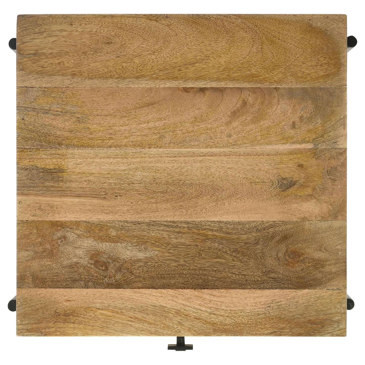 Natural wood tabletop with visible grain patterns and black metal accents