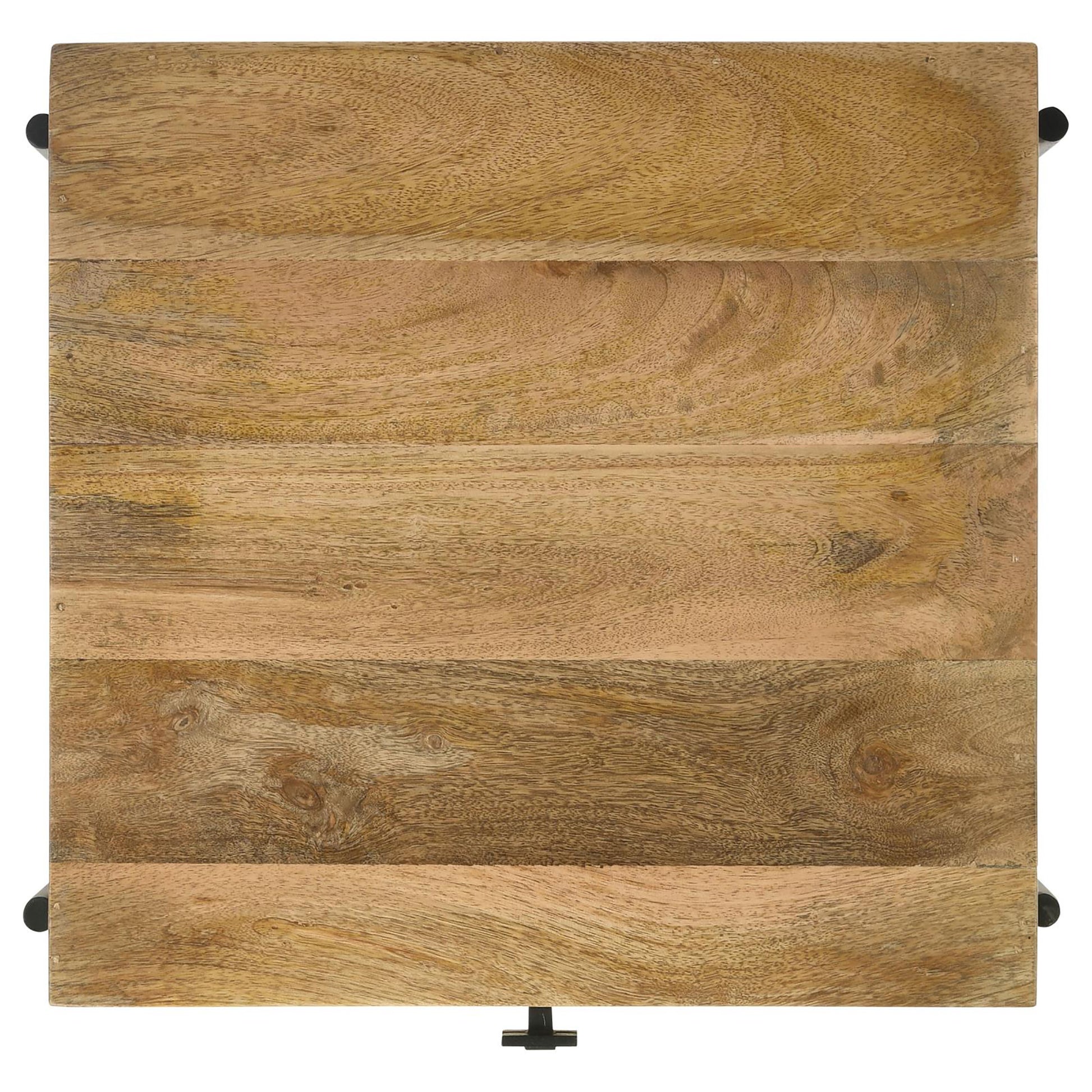 Natural wood tabletop with visible grain patterns and black metal accents