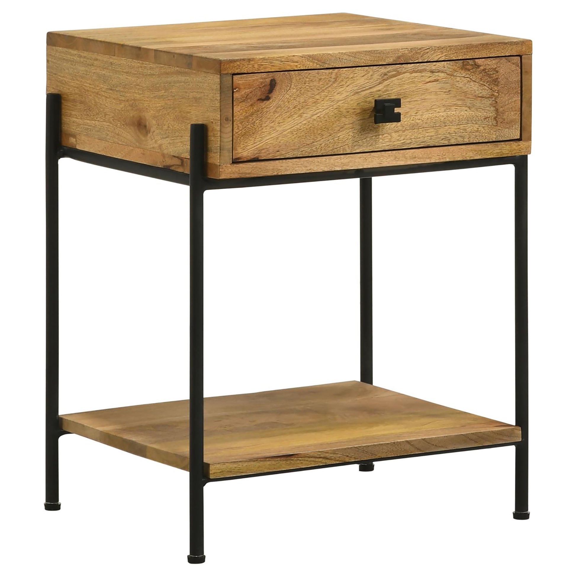 Solid mango wood nightstand with black metal frame and one drawer