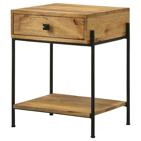 Natural wood bedside table with black metal frame and single drawer for bedroom storage