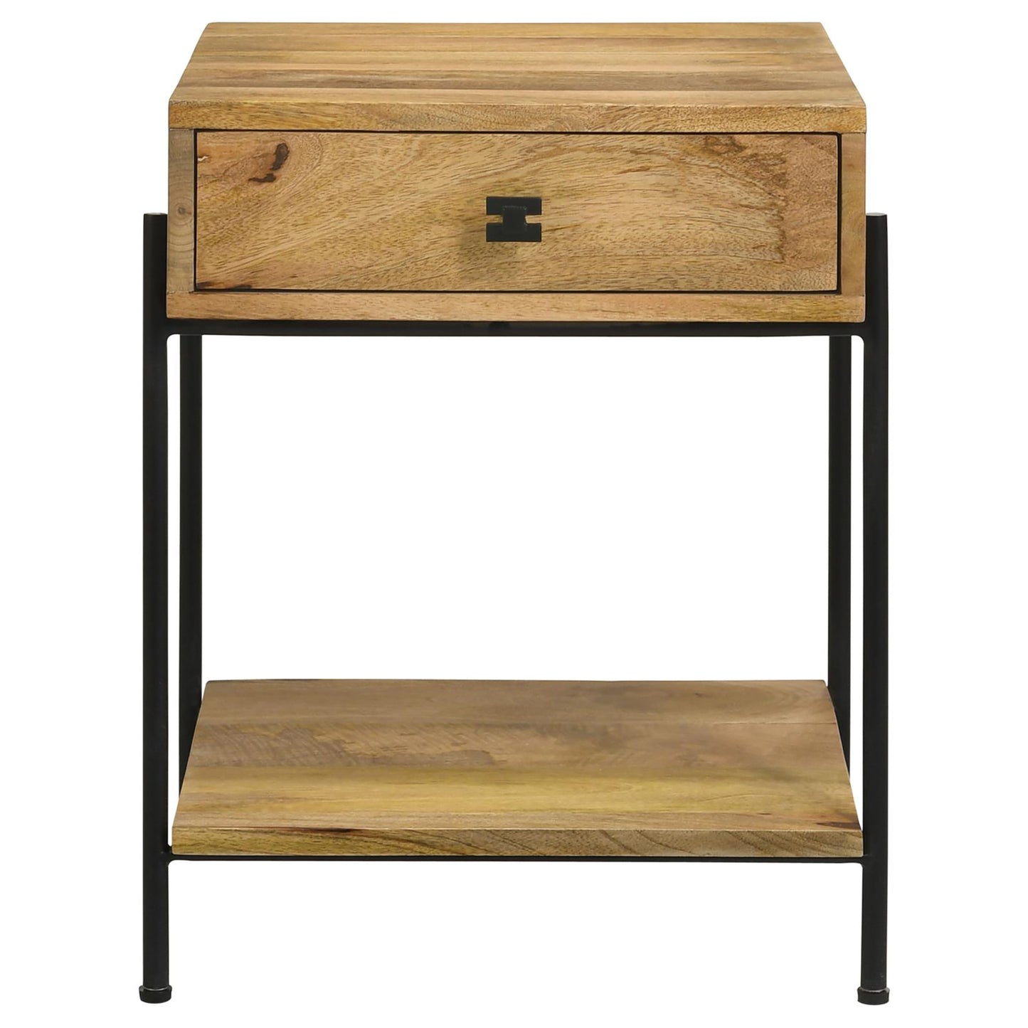 Wooden bedside table with one drawer and open shelf on black metal frame