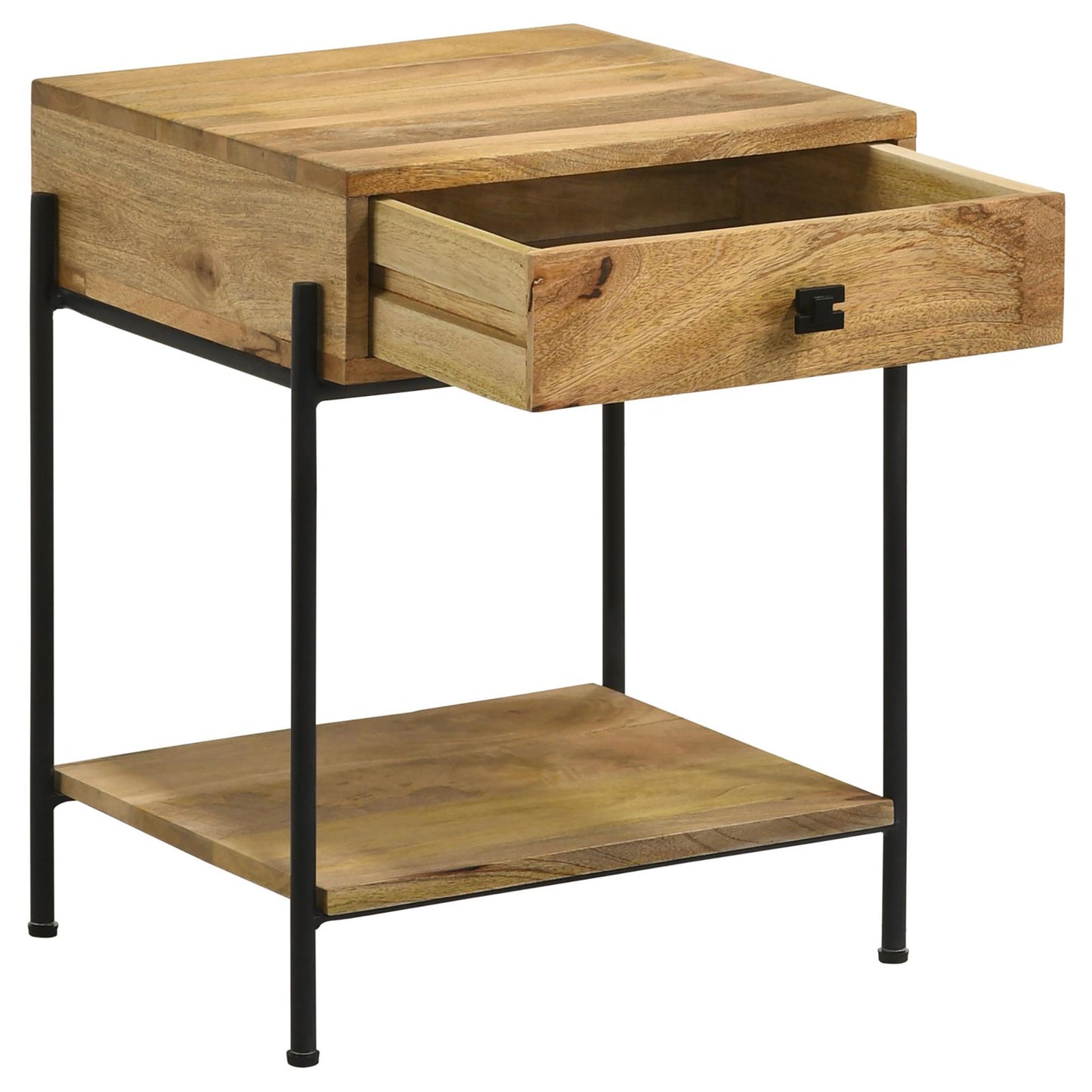 Solid mango wood bedside table with open drawer and black metal frame perfect for modern bedrooms